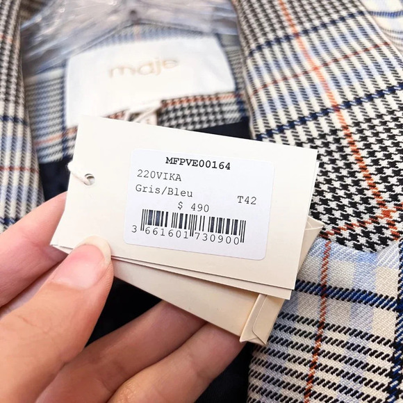 Maje Gray Plaid Academia Preppy Designer Classic Collared Blazer 42 NWT - Picture 9 of 10